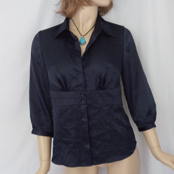 Nwt $79 ANN TAYLOR Dark Navy Button Down Shirt Sz MP  CHIC! - Picture 2 of 9
